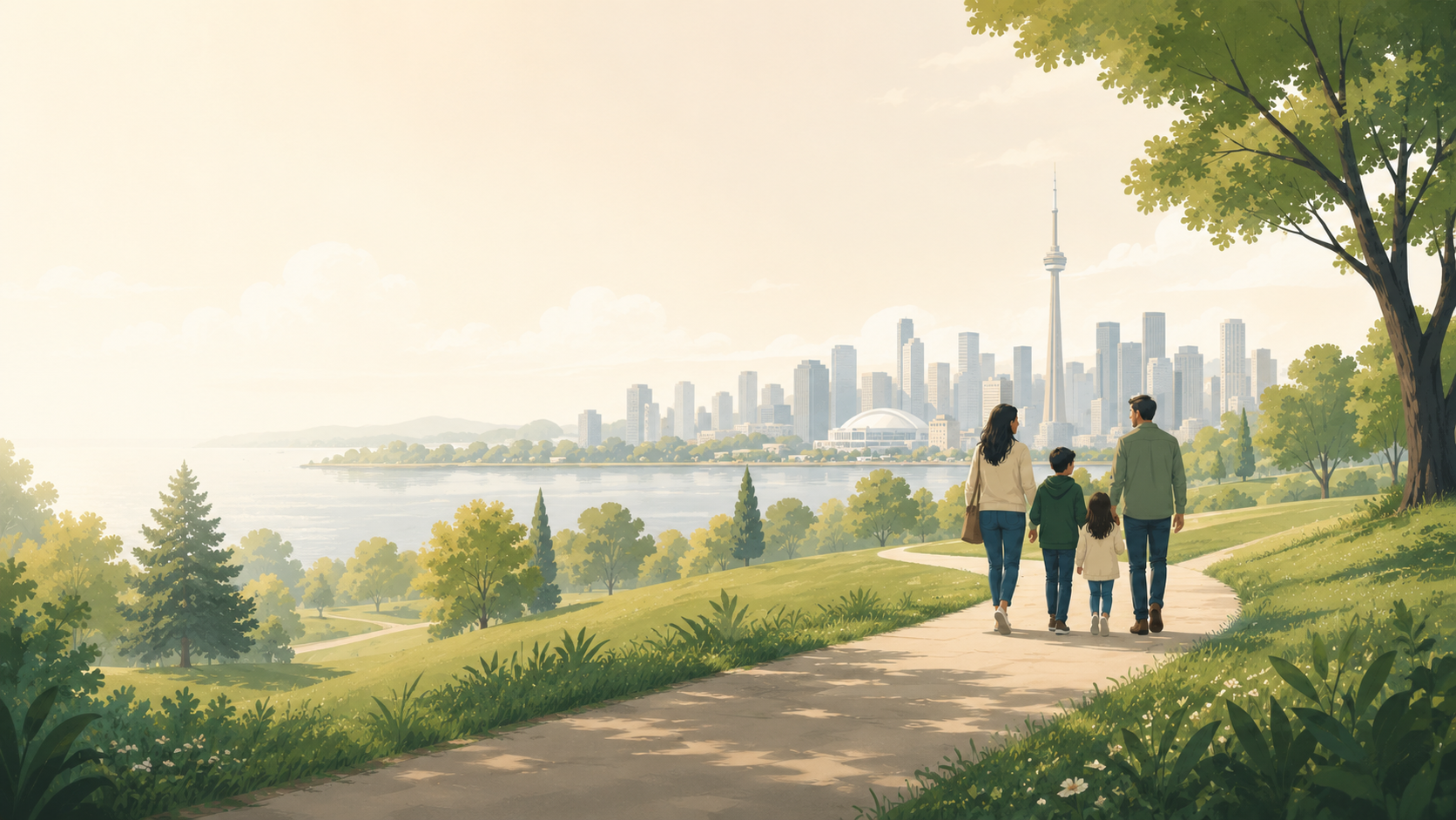 Cover illustration of a newcomer family walking on a green park path toward the Toronto skyline.